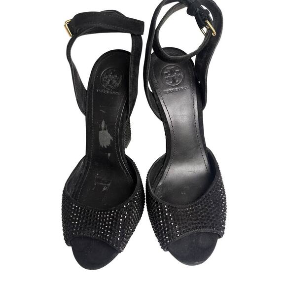 Tory Burch Black Suede Crystal Embellishments Wedge Sandals Sz 7 M Glam Mob Wife - Picture 5 of 16